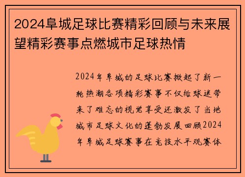 2024阜城足球比赛精彩回顾与未来展望精彩赛事点燃城市足球热情