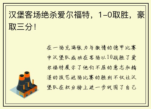 汉堡客场绝杀爱尔福特,1-0取胜,豪取三分!