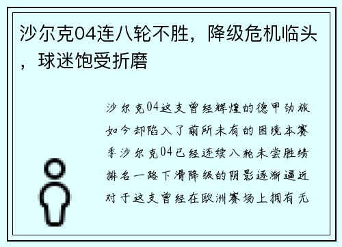 沙尔克04连八轮不胜,降级危机临头,球迷饱受折磨