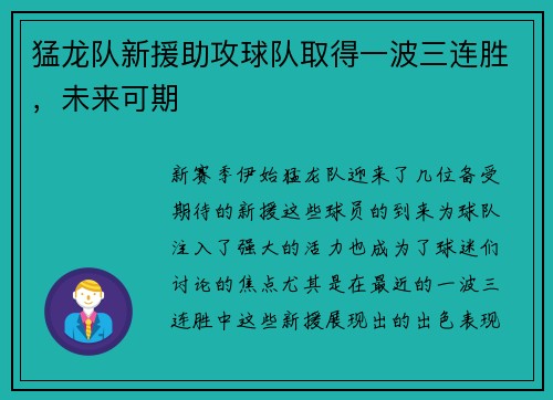 猛龙队新援助攻球队取得一波三连胜,未来可期