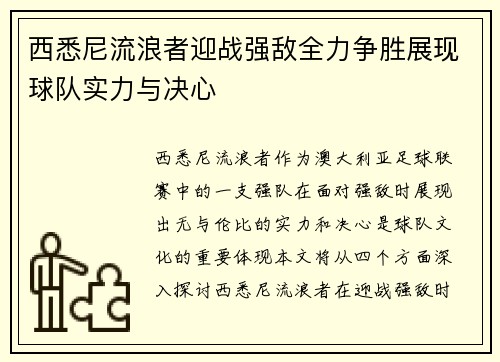 西悉尼流浪者迎战强敌全力争胜展现球队实力与决心