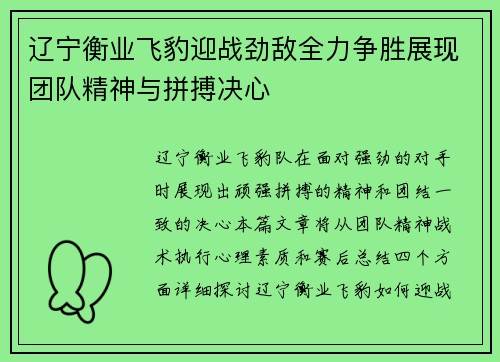 辽宁衡业飞豹迎战劲敌全力争胜展现团队精神与拼搏决心
