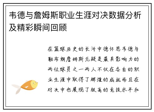 韦德与詹姆斯职业生涯对决数据分析及精彩瞬间回顾