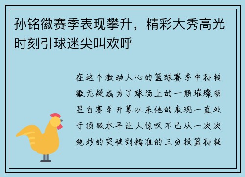 孙铭徽赛季表现攀升，精彩大秀高光时刻引球迷尖叫欢呼