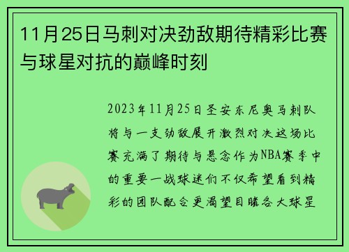 11月25日马刺对决劲敌期待精彩比赛与球星对抗的巅峰时刻