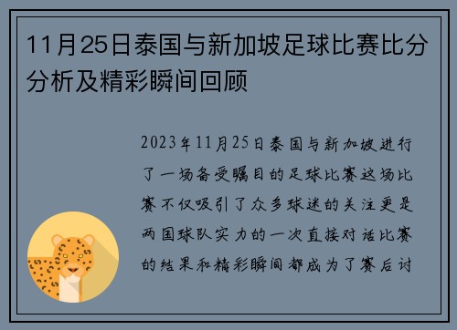 11月25日泰国与新加坡足球比赛比分分析及精彩瞬间回顾
