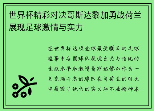 世界杯精彩对决哥斯达黎加勇战荷兰展现足球激情与实力