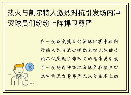 热火与凯尔特人激烈对抗引发场内冲突球员们纷纷上阵捍卫尊严