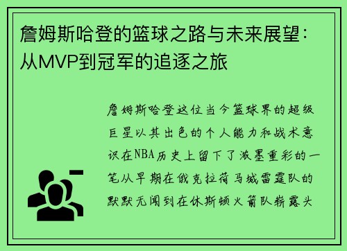 詹姆斯哈登的篮球之路与未来展望：从MVP到冠军的追逐之旅