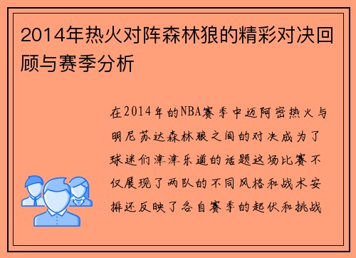2014年热火对阵森林狼的精彩对决回顾与赛季分析