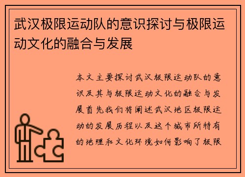武汉极限运动队的意识探讨与极限运动文化的融合与发展