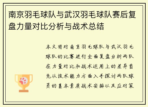 南京羽毛球队与武汉羽毛球队赛后复盘力量对比分析与战术总结