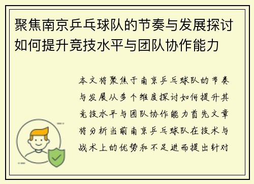 聚焦南京乒乓球队的节奏与发展探讨如何提升竞技水平与团队协作能力