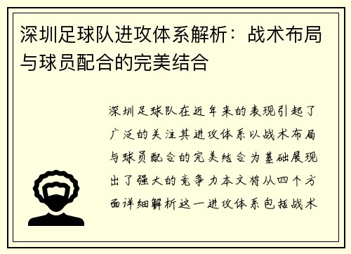 深圳足球队进攻体系解析：战术布局与球员配合的完美结合