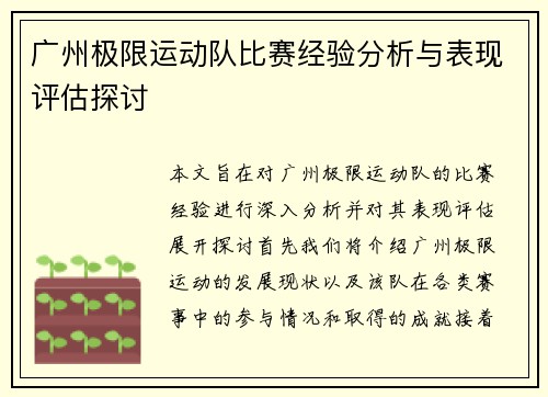 广州极限运动队比赛经验分析与表现评估探讨