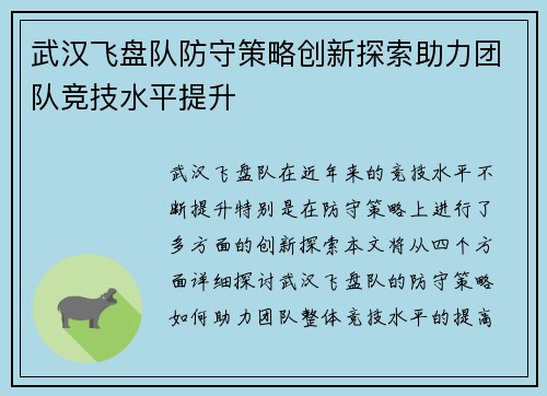 武汉飞盘队防守策略创新探索助力团队竞技水平提升