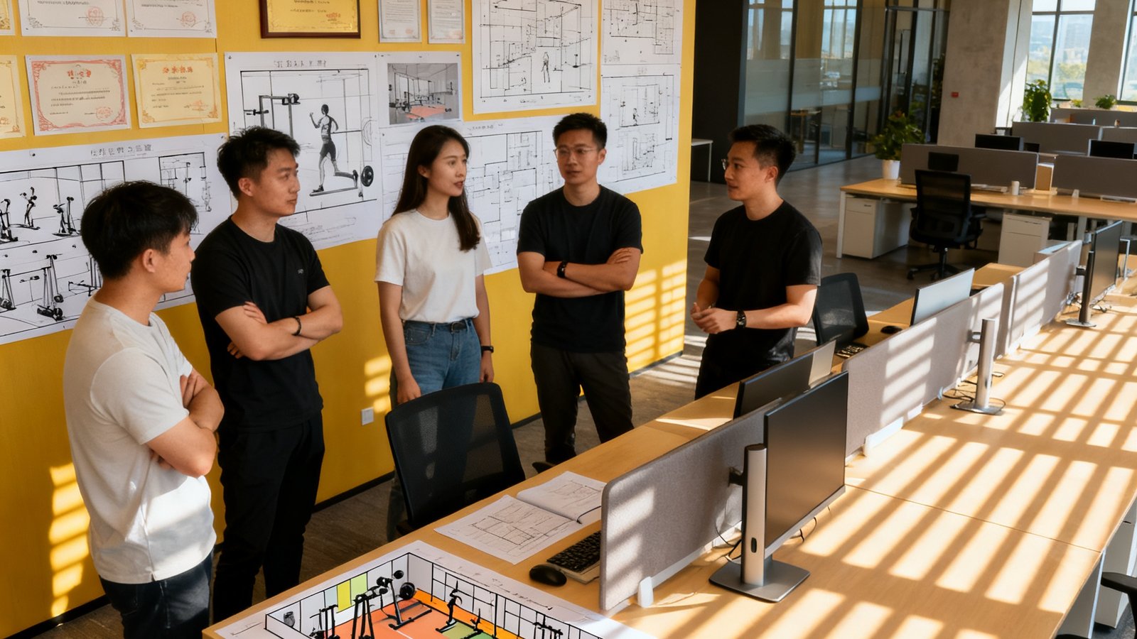 三亿体育科技总部办公区，开放式工位上设计团队正在讨论健身空间布局方案，墙上挂满项目蓝图和客户感谢信，阳光透过百叶窗洒在工作台上
