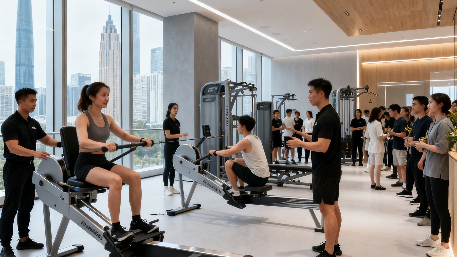 广州珠江新城某高端健身房开业首日现场，会员们在教练指导下体验新设备，空间设计现代简约